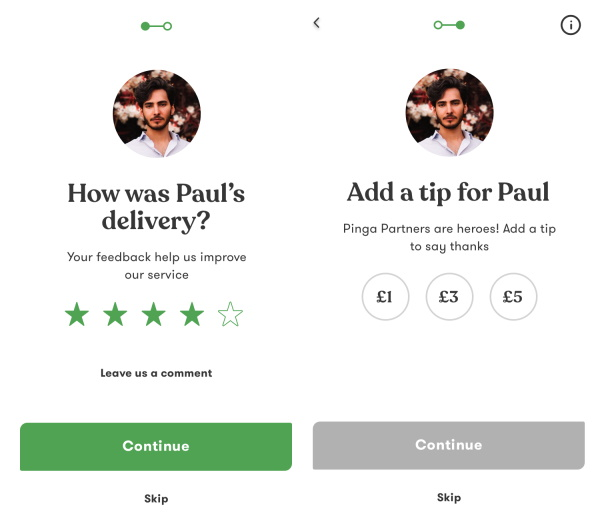 Pinga app delivery rating and partner tipping screens