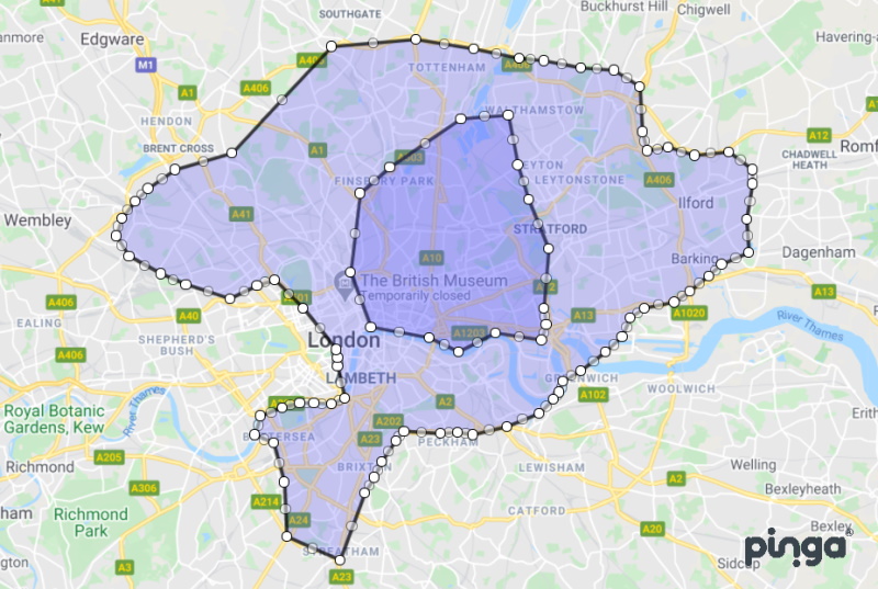 Pinga service area showing original Hackney area vs wider London expansion